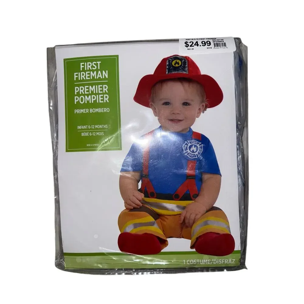 Amscan Fireman Halloween Costume with Jumpsuit & Hat for Infant 6-12 Months New